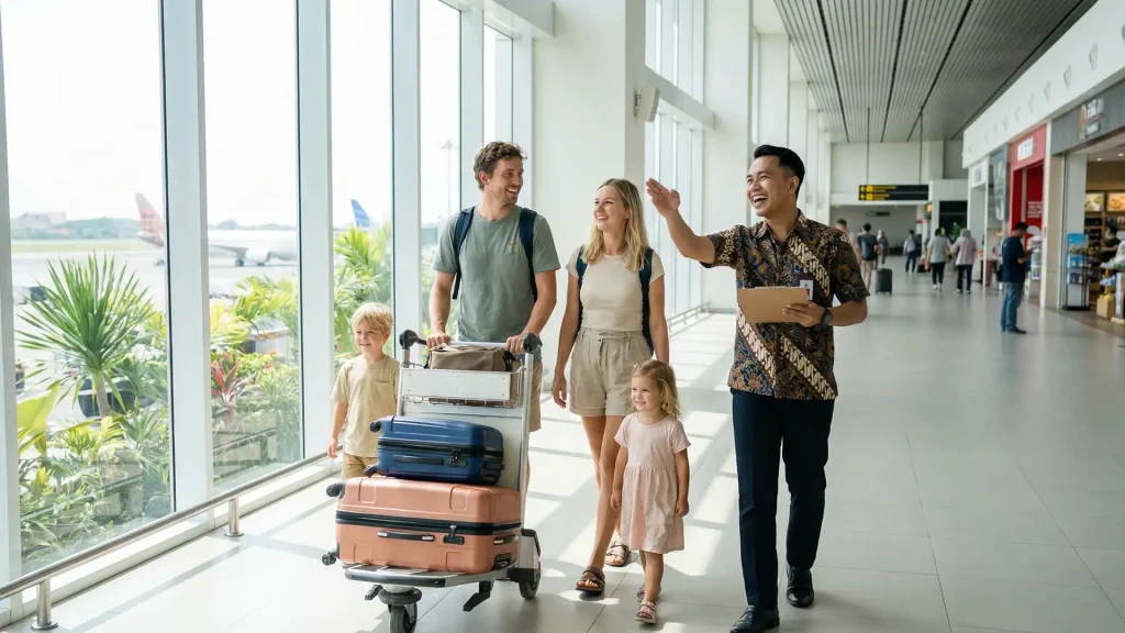 British family arriving at Bali airport with luggage after a move from the UK