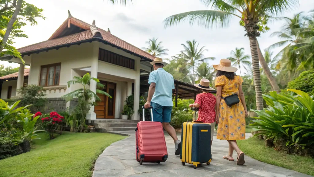 British family arriving at their new home in Bali with suitcases
