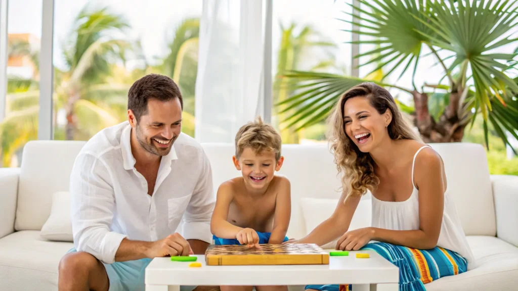 British family relaxing in a bright Bali villa, illustrating the cost of living in Bali