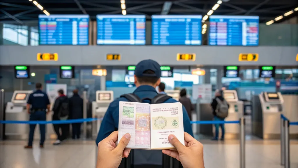British passport held at a Bali airport departures board, e-Visa on Arrival for UK citizens