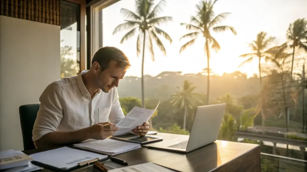 British expat reviewing KITAS stay-permit paperwork at a desk in Bali