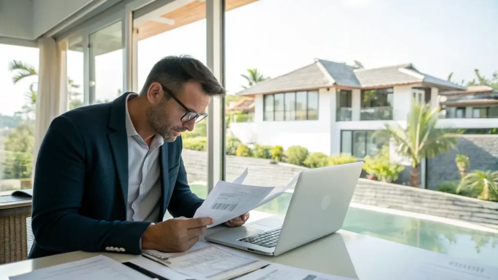 Retiree working through second-home visa documents at a Bali villa