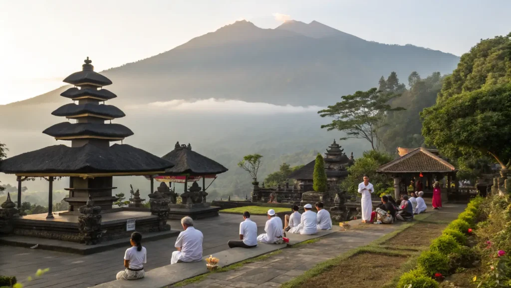 Balinese worshippers in white at a temple ceremony during a cultural festival