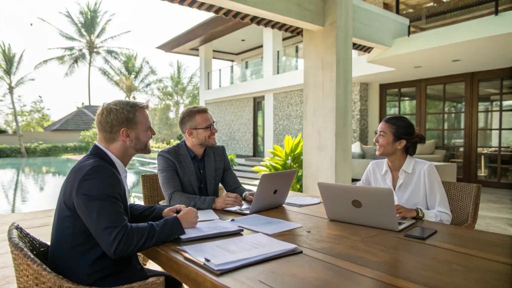 Expats reviewing bank paperwork and laptops in Bali