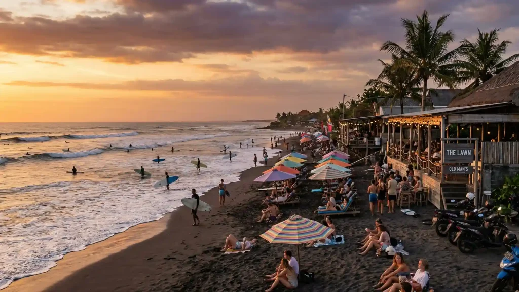 Surfers and beach cafes at Canggu, a favourite area for British expats in Bali