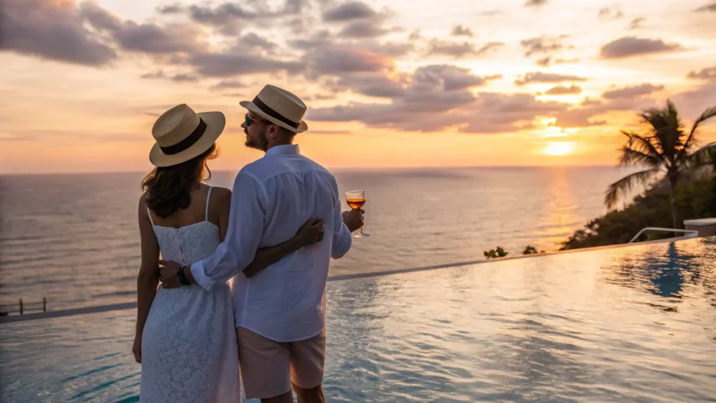British couple watching the sunset from a Bali villa infinity pool during a long stay