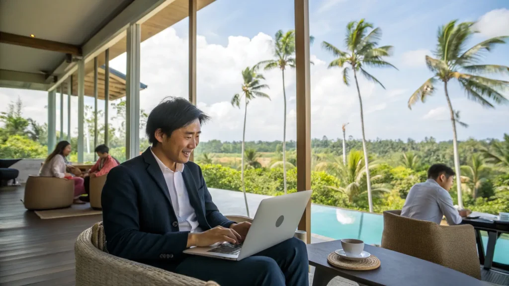 Expat working on a laptop in an open-air cafe among palms in Bali