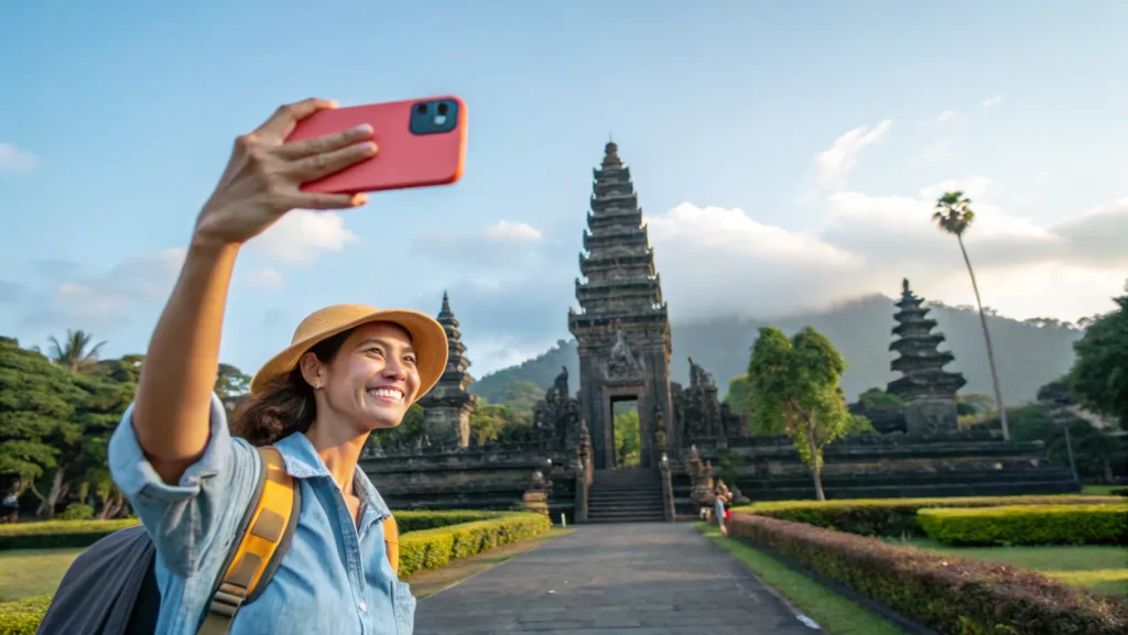 Visitor at a Balinese temple gate while scouting the island before a move