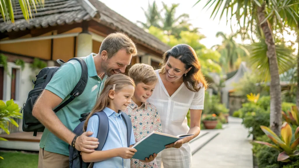 British family with children in school uniform outside an international school in Bali