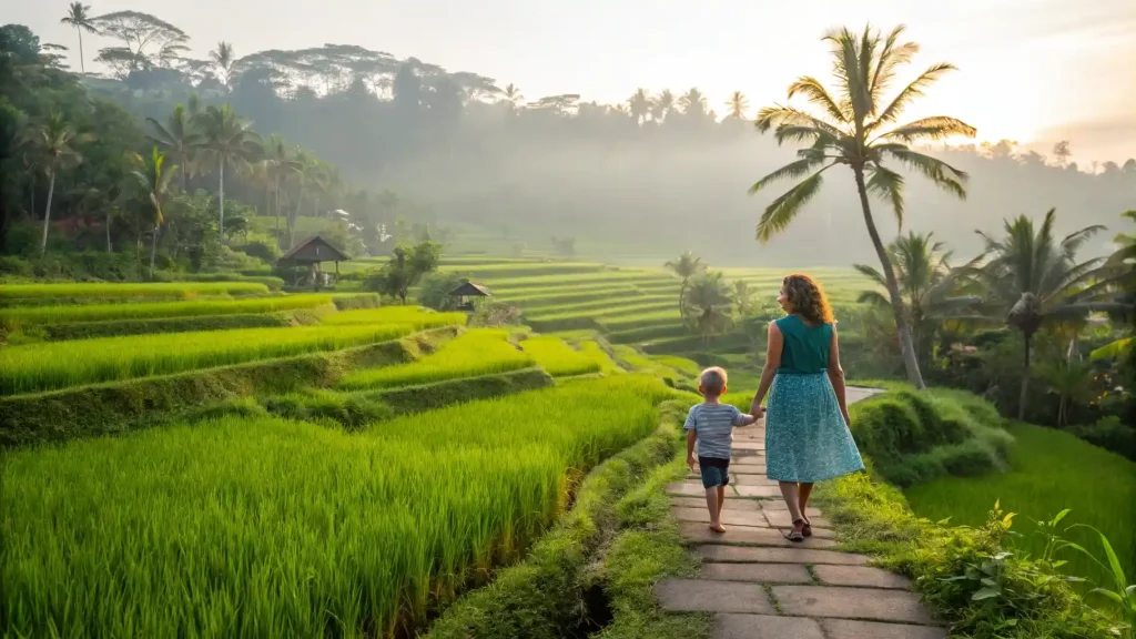 Parent and child walking through rice fields near an international school in Bali