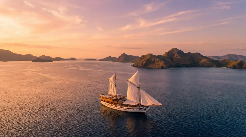 Luxury phinisi charter sailing past Indonesian islands at sunset