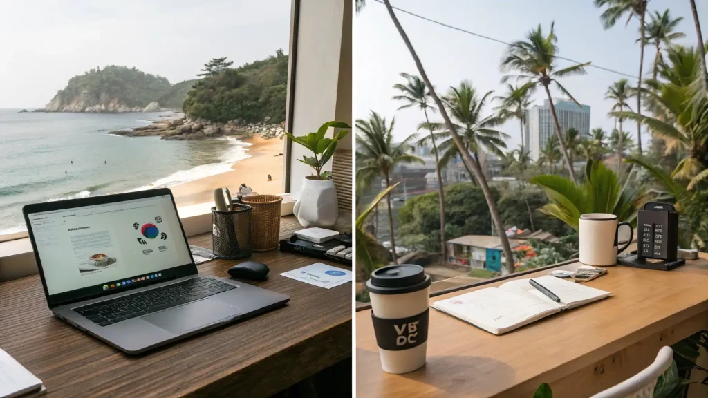Laptop with financial charts and paperwork on a desk overlooking a Bali beach