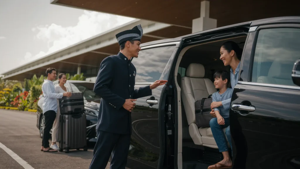 Chauffeur welcoming a family into a premium private hire car in Bali