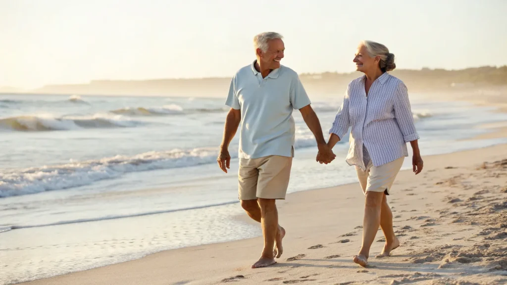 Retired British couple walking hand in hand along a Bali beach at sunrise