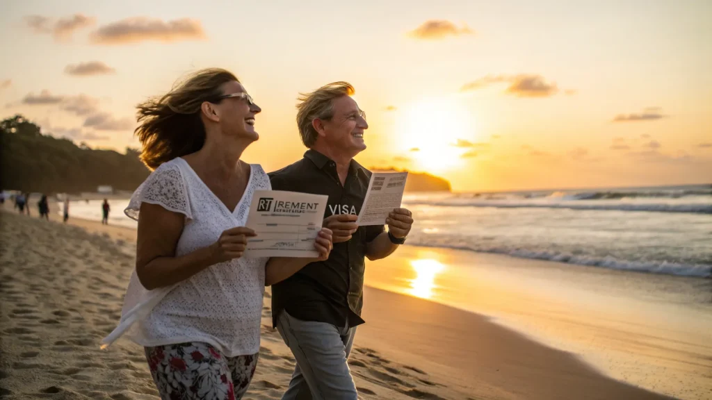 Retired British couple walking on a Bali beach at sunset while planning their retirement move