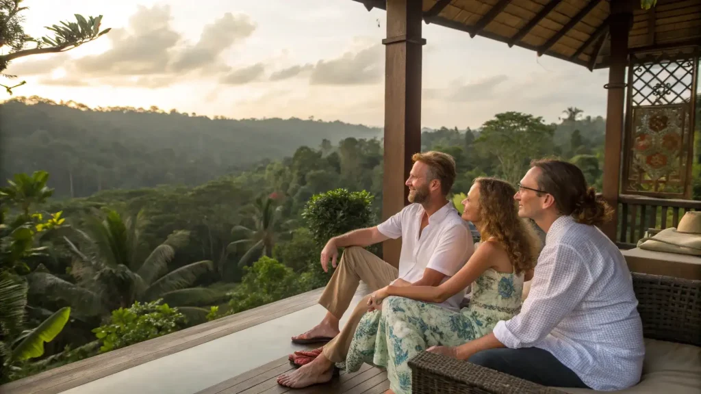 British expats on an Ubud villa terrace overlooking the jungle valley at sunset
